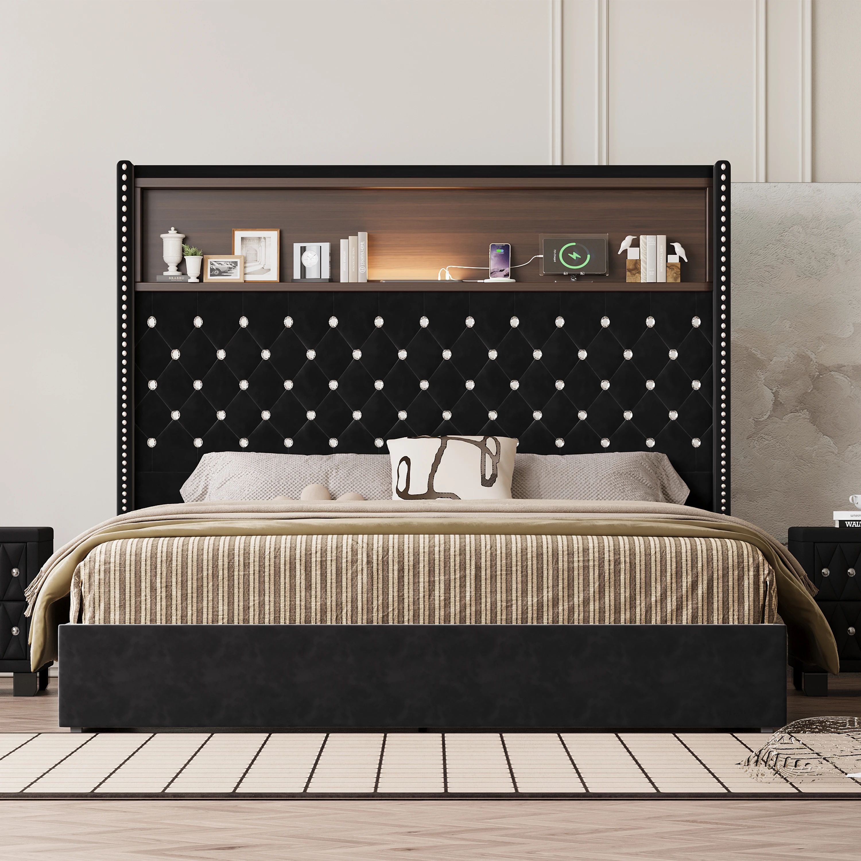 #Modern Queen Size Adjustable  Storage Bed Frame With USB Port And Night Light 52'' High Headboard Rivet Decoration