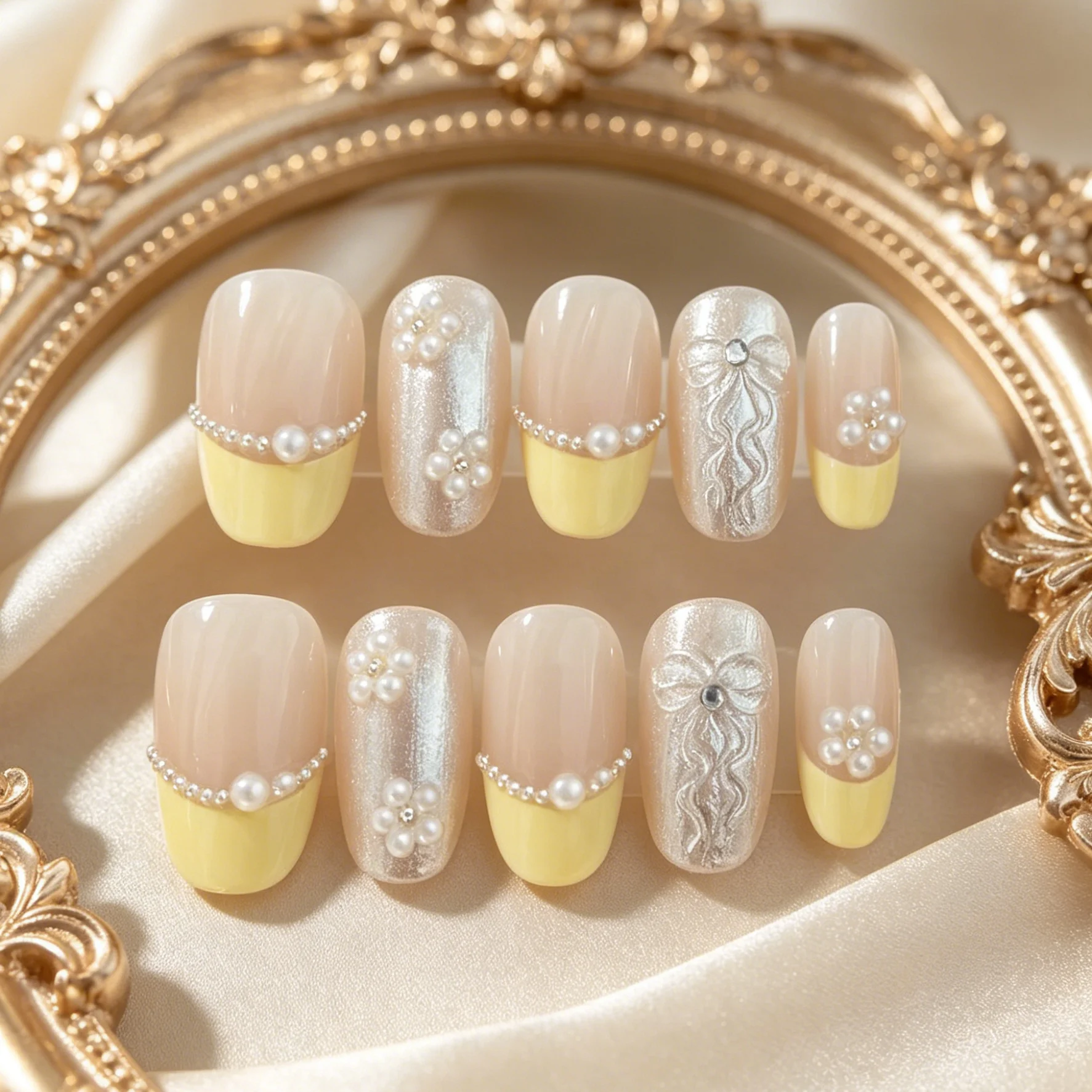 10 Pieces of Hand Pressed Oval Shaped Nails, Beautiful Fake Nails, Fresh and Tender Yellow Nail Art, Suitable for Women to Use