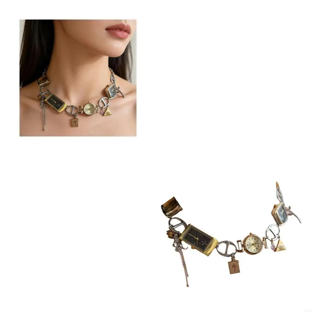 

91AF Copper Zircon Crossed Necklace With Intricate Clock Pendant Perfect For Gifting