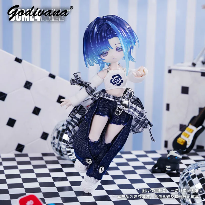 Ob11 1/12 BJD Doll Outfit Y2K Streetwear Cool Rose Print Cami Top Distressed Denim Stacked Pants Chains Decor Punk Doll Clothes