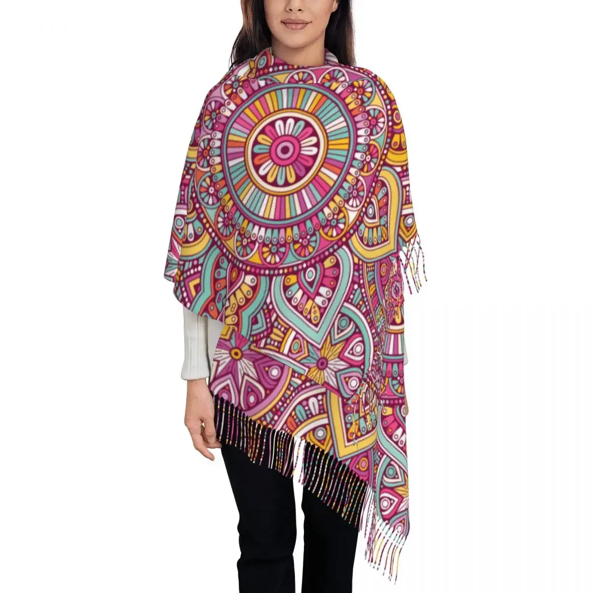 Custom Arabic Indian Ethnic Floral Mandalas Pattern Scarf Wrap for Women Long Winter Warm Tassel Shawl Unisex Scarves