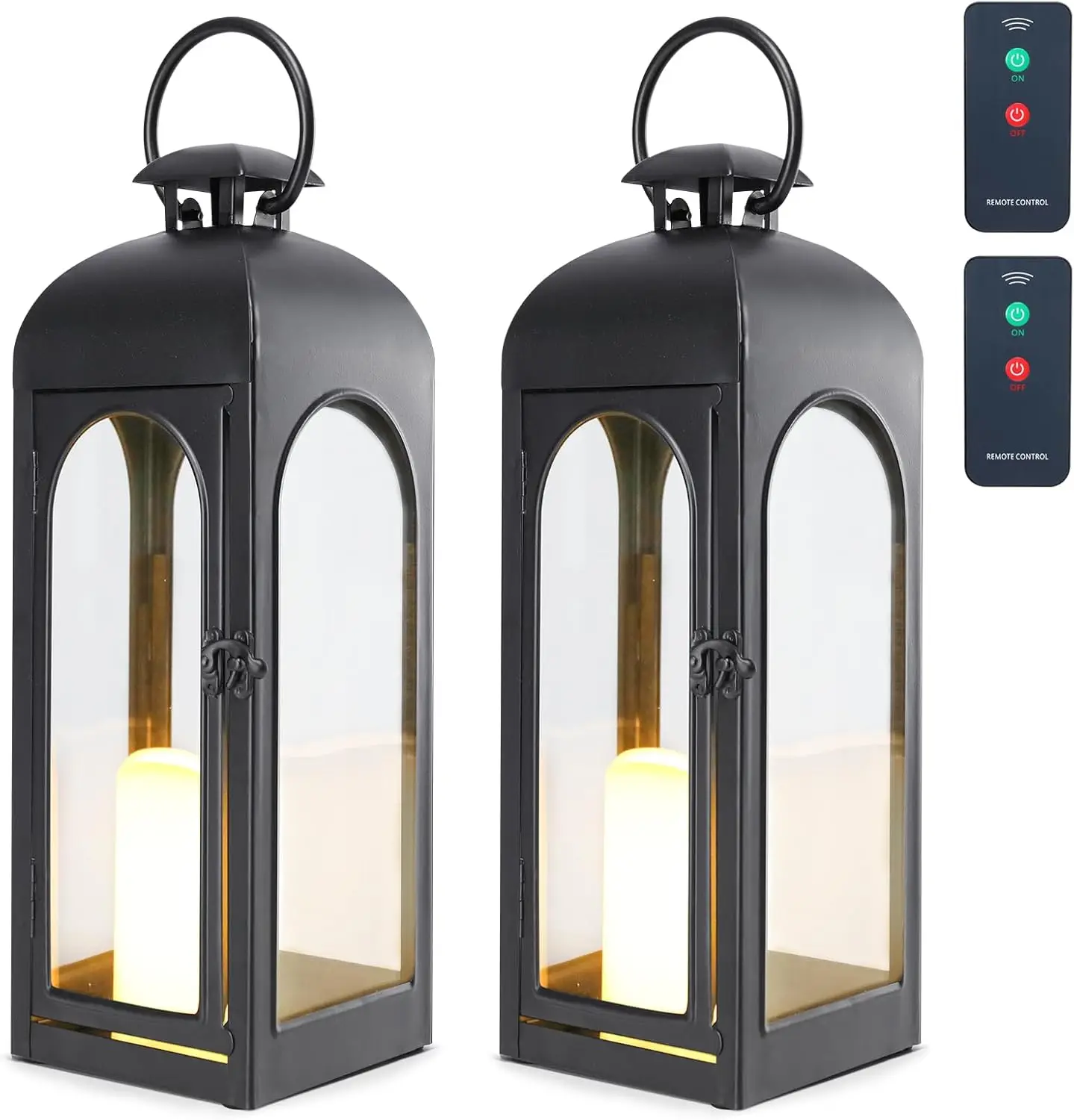 2 Pack 20 Inches Metal And Stainless Steel Glass Decorative Lantern With Electronic Wax Effect - Indoor/Outdoor Decorative