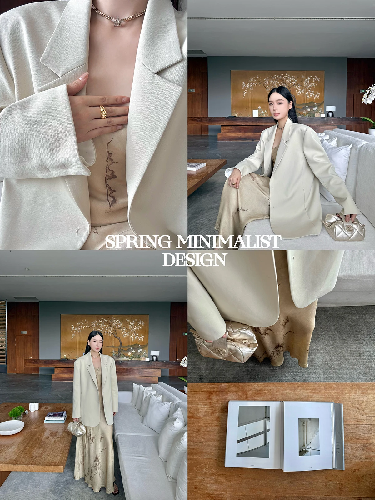 

ZhouMiao Women's Casual Sle Wool Blend Suit Jaet with Color Blo Line X-Waist Design Long Sve oulder Pad Faion