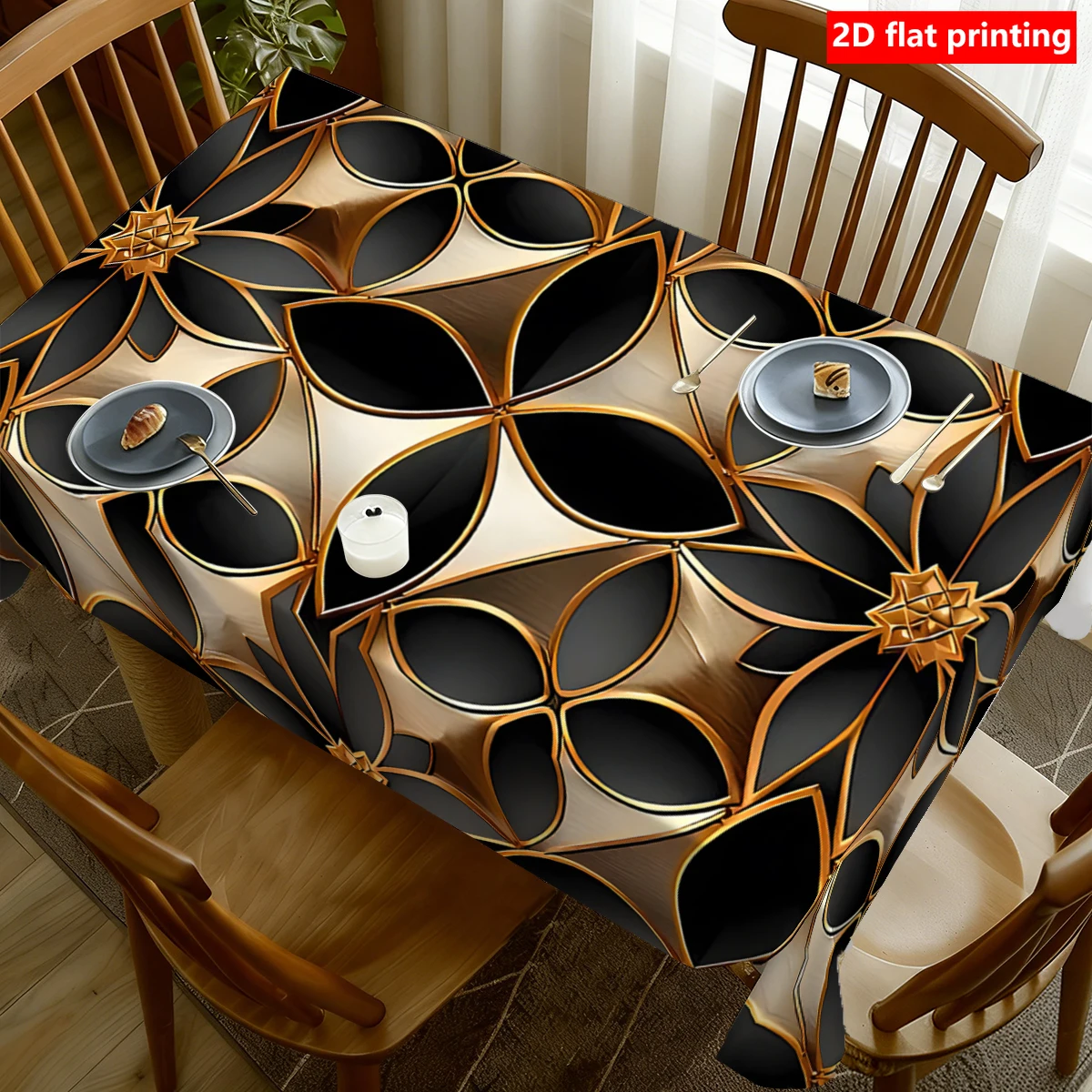 2D flat printing, 1pc black and gold geometric pattern tablecloth, durable polyester tablecloth