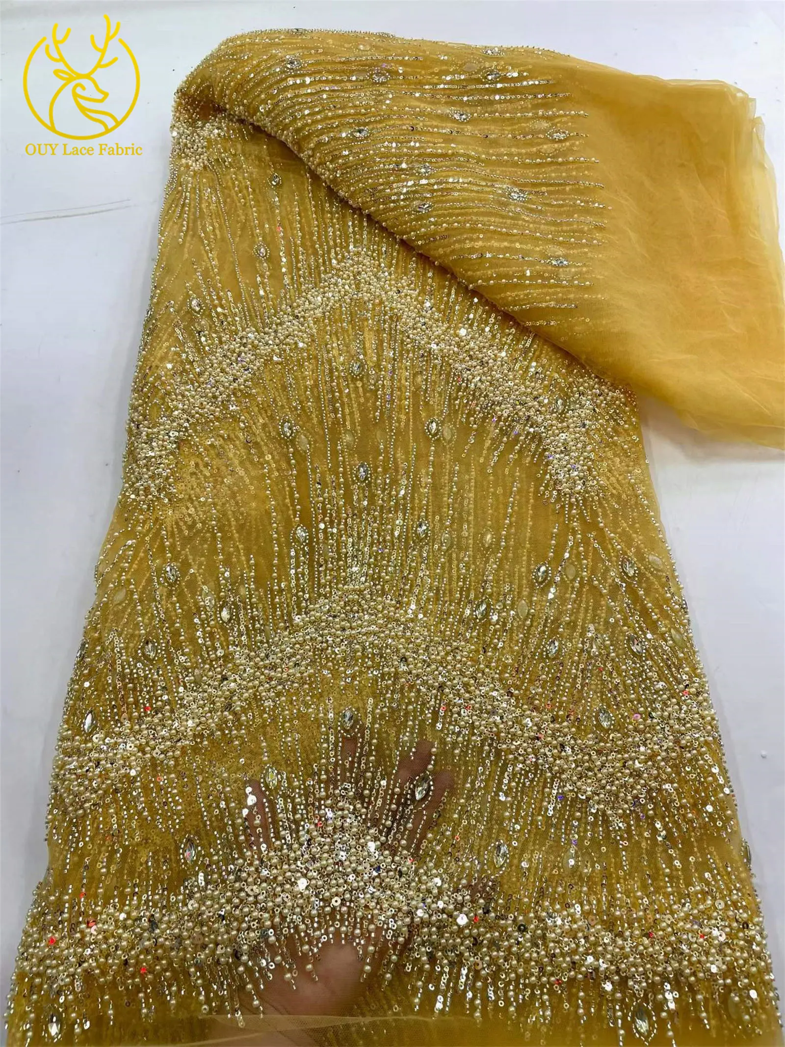 Rosa Hochzeitskleid, afrikanischer Pailletten-Spitzenstoff, 5 Yards, neuer französischer Stein-Pailletten-Tüll-Spitzenstoff für nigerianisches Hochzeitskleid – Detail 9