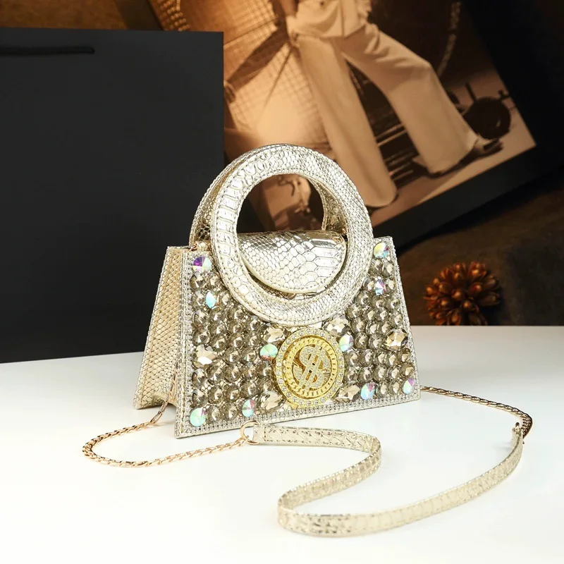 

Circle Handle Rhinestone Design Women's Handbag Luxury Splicing PU Evening Banquet Bags S Letter Square Shape Shiny Wedding Bags