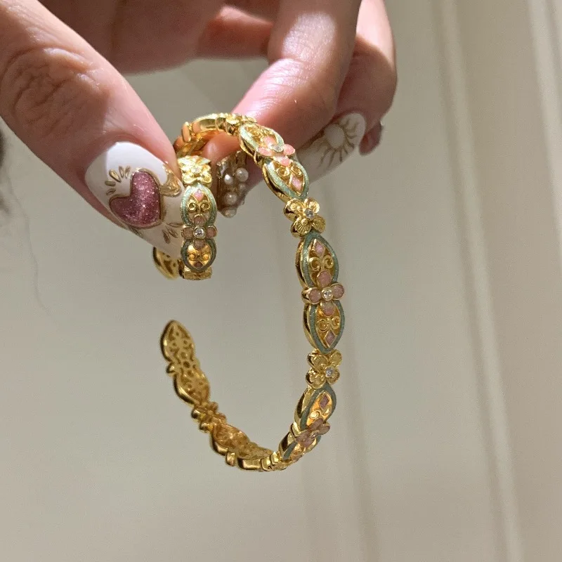 Antique gold craftsm enamel colorful flower bracelets for women  hollowed out Embossed design Court style bangles Hanfu jewelry