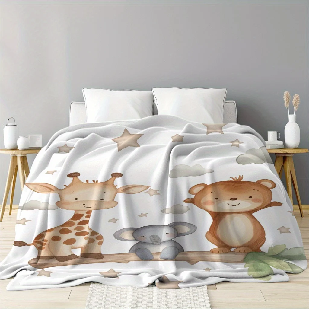 

VIKAMA Kids' Cartoon Animal Blanket Giraffe, Elephant, Bear, Star, and Cloud Print Soft and Cozy Home Essentials