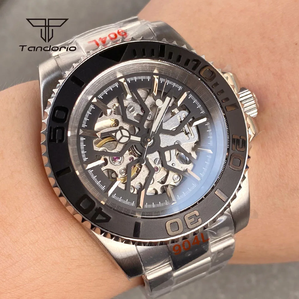 Tandorio Hollow Dial NH70 Movt Skeleton 40mm Dive Automatic Watch for Men Sapphire 120 Clicks Bezel Stainless Steel Wristwatch