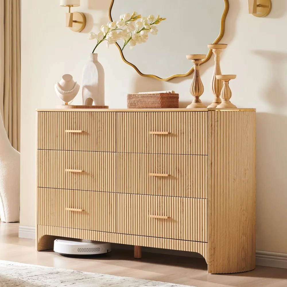 

Fluted 6 Drawer Dresser for Bedroom with Curved Profile Design,53.9 W Chest of Drawers with Reeded Texture, Wide Storage Cabinet