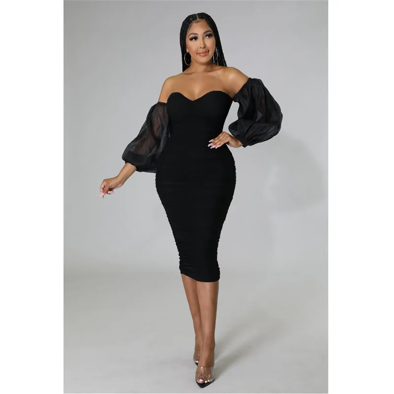 Sexy Off Shoulder Mesh latarnia rękaw Bodycon Midi sukienka dla kobiet elegancka sukienka do klubu na imprezę noc Ruched oficjalna ołówkowa sukienka