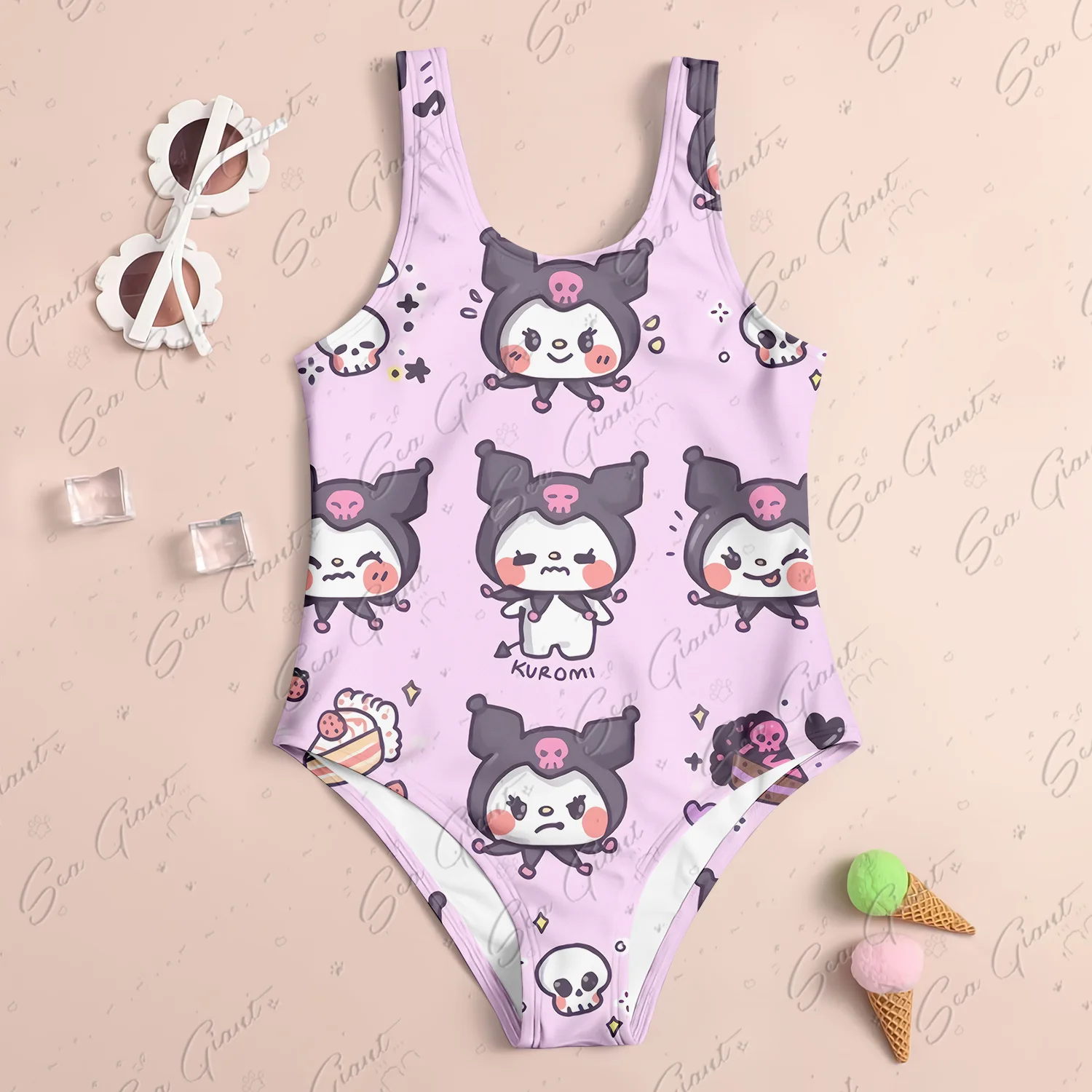 MINISO Cute Kuromi Print New Girl Summer One-Piece Swimsuit Fashion Cartoon Women Kids Swimwear Sleeveless Swim Clothing