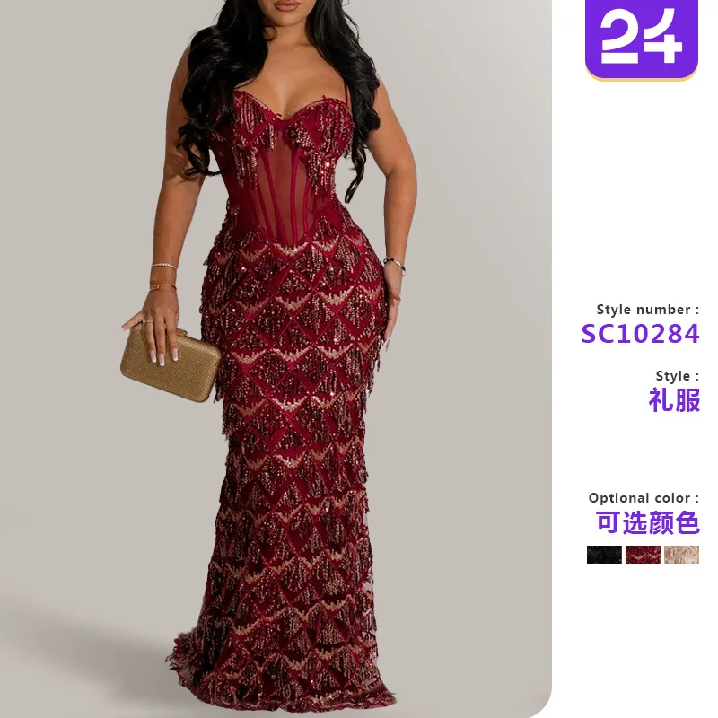 2026 new european and american amazon export sequin party maxi dress - fashionable spaghetti strap bodycon a-line dress