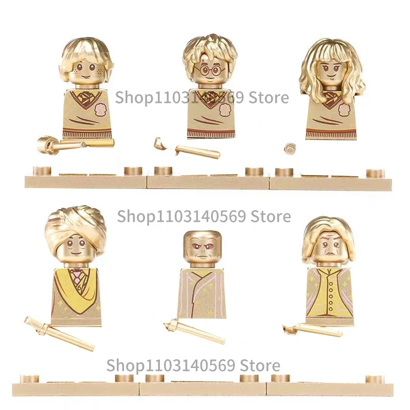 6PCS/Set Gold Hermione Dobby Lord Ron Voldemort Building Blocks Anime Movie Bricks Malfoy Action Figure Christmas Toy For Boys