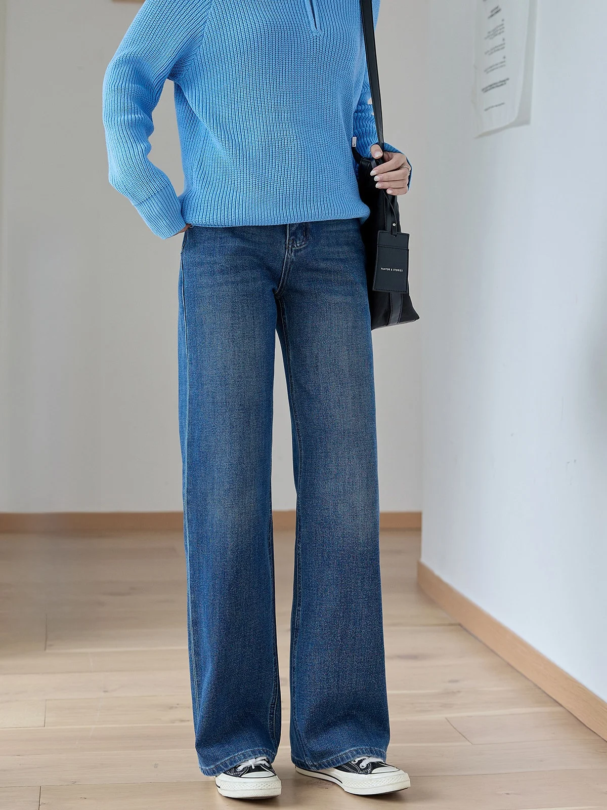 

Женские джинсы HUIXI с высокой талией и широкими штанинами, синие, из выстиранного денима, новая зимняя модель, универсальные, стройнящие, на шнурке, повседневные брюки