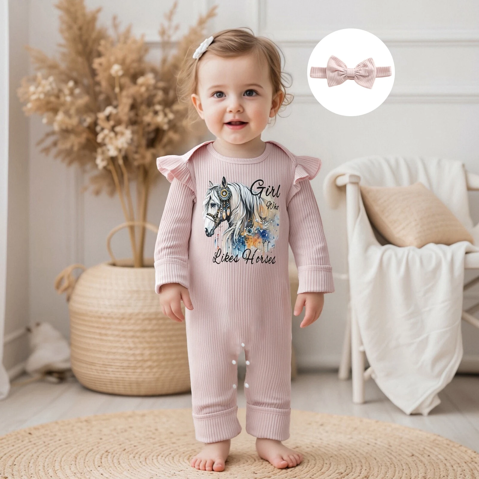 بدلة رومبير كاجوال للخريف للفتيات الصغيرات بأكمام طويلة ورقبة دائرية وطبعة حصان مع عصابة رأس