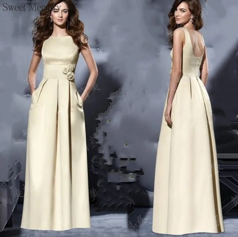 

F105 Sweet Memory Customize Satin Backless Evening Dresses With Flowers Bridesmaid Robe Sleeveless Wedding Party Godmother Dress