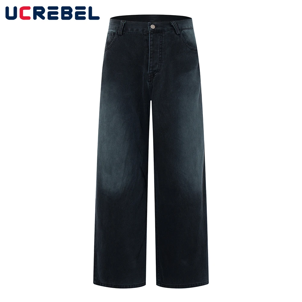 

Retro Faded Jeans Mens Pocket High Street Washed Distressed Baggy Straight Wide Leg Denim Pants Man