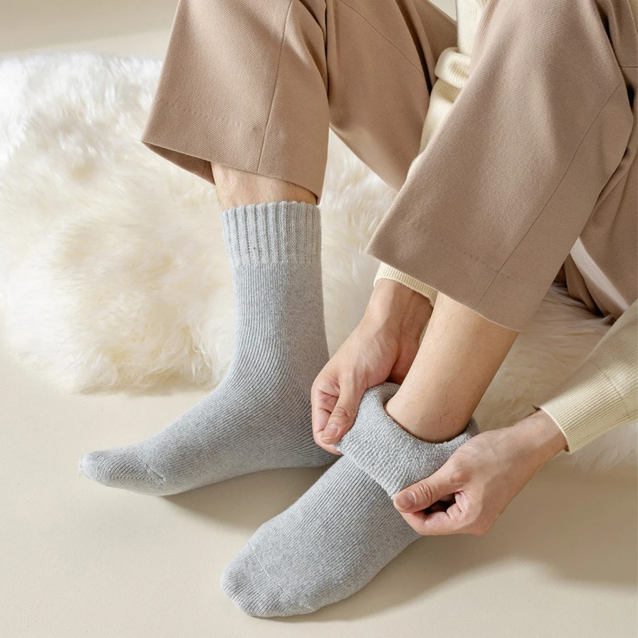 5 pares de calcetines de lana gruesos de otoño e invierno, calcetines casuales de tela de rizo de Color sólido para hombre, calcetines de lana cálidos para mujer