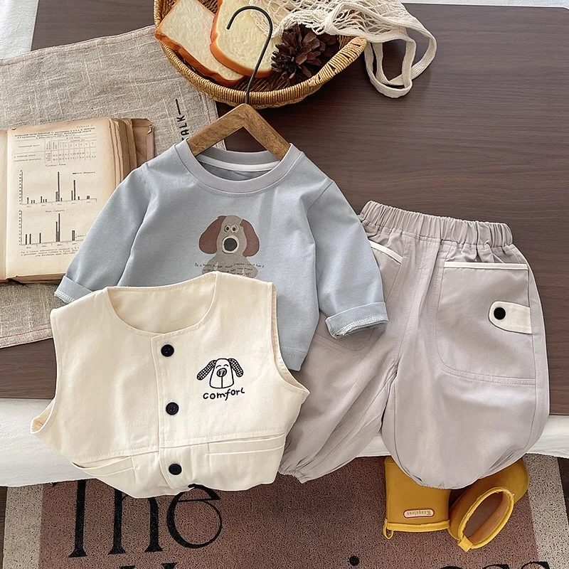 Korean Style Baby Boy 3‑Piece Cartoon Dog Outfit Long‑Sleeve Tee Button Vest Jogger Pants Toddler Autumn Casual Clothing Set