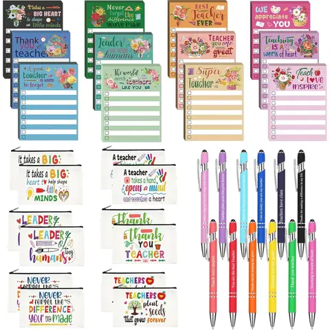 Elegant Teacher Appreciation Gifts Set with Sticky Notepads, Makeup Bags, and Ballpoint Pens for Coworkers and Employees