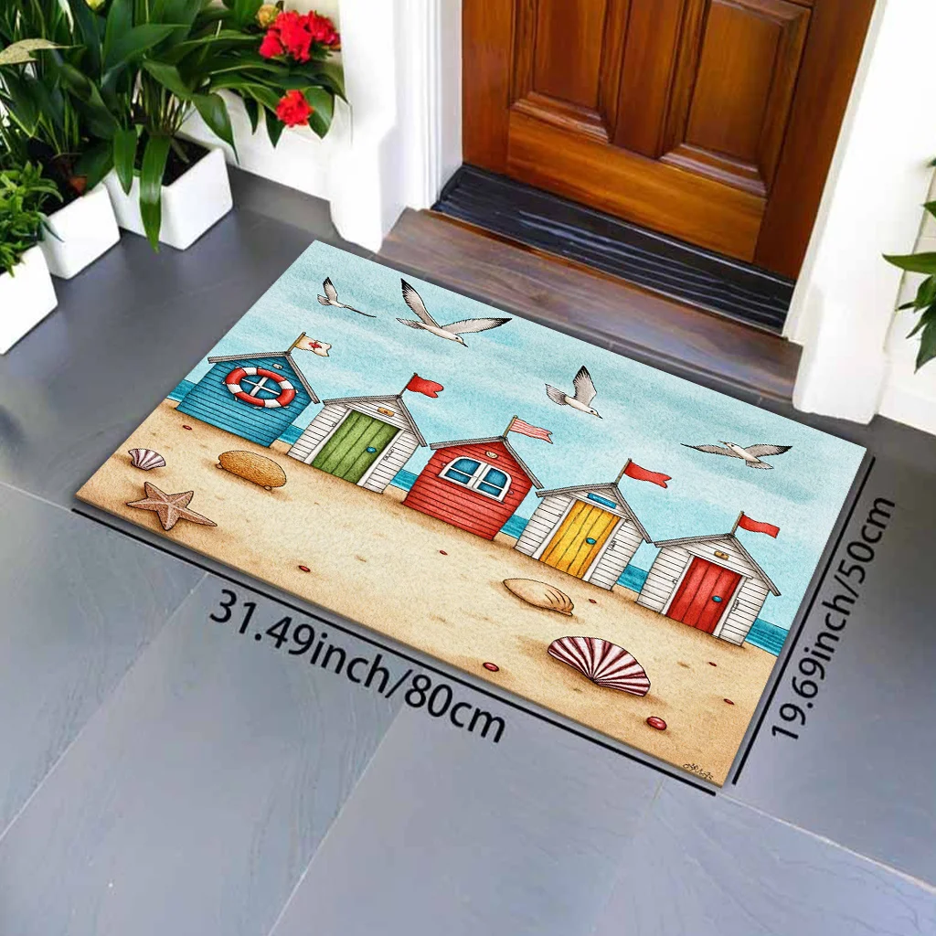 Beach Hut Doormat, Colorful Seaside Cabin Rug, Coastal Floor Mat, Non-Slip Entryway Carpet, Summer Home Decor