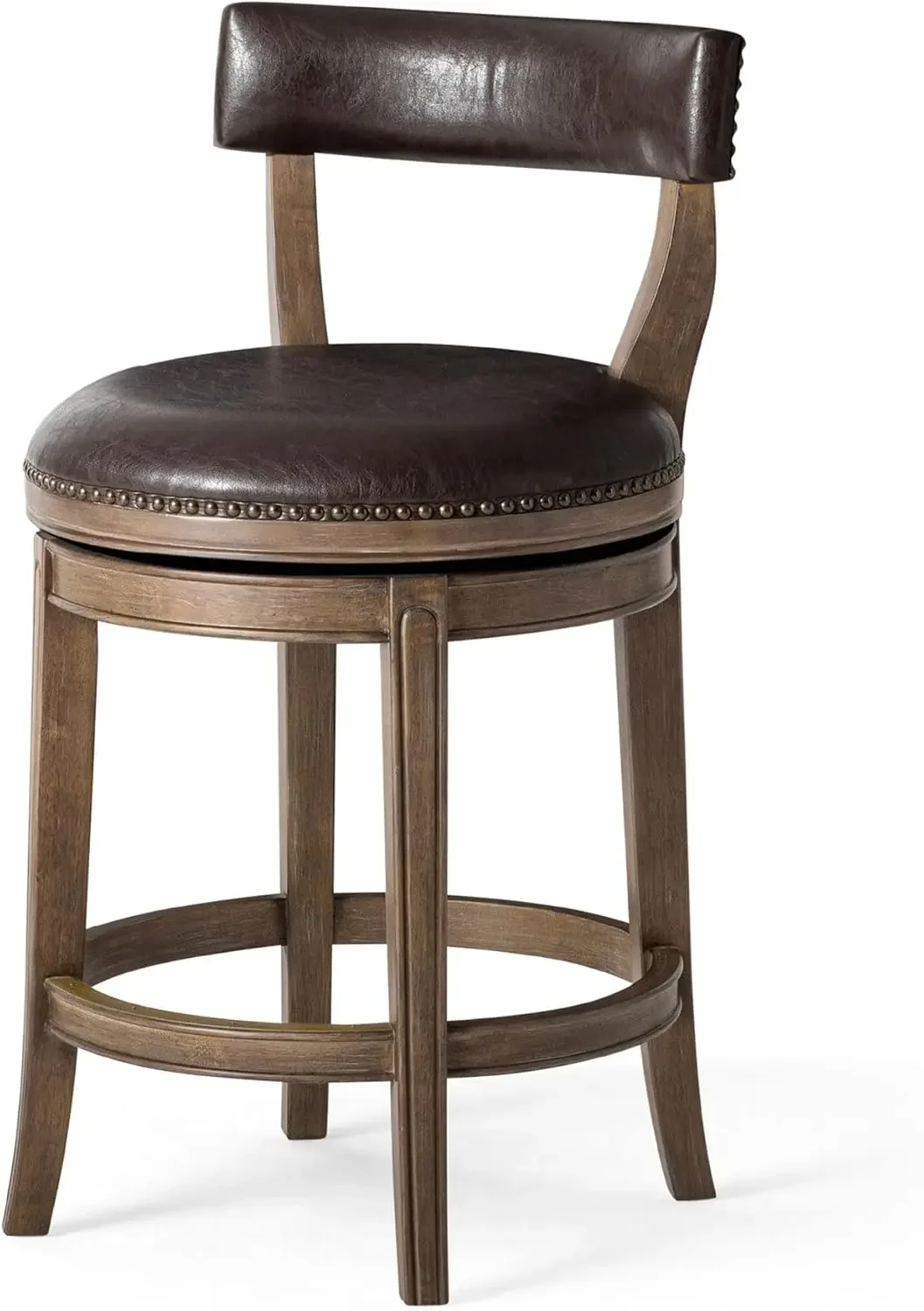 26 Inch Tall Counter Height Rotating Low Back Barstool in Walnut Finish with Marksman Saddle Vegan Leather Seat