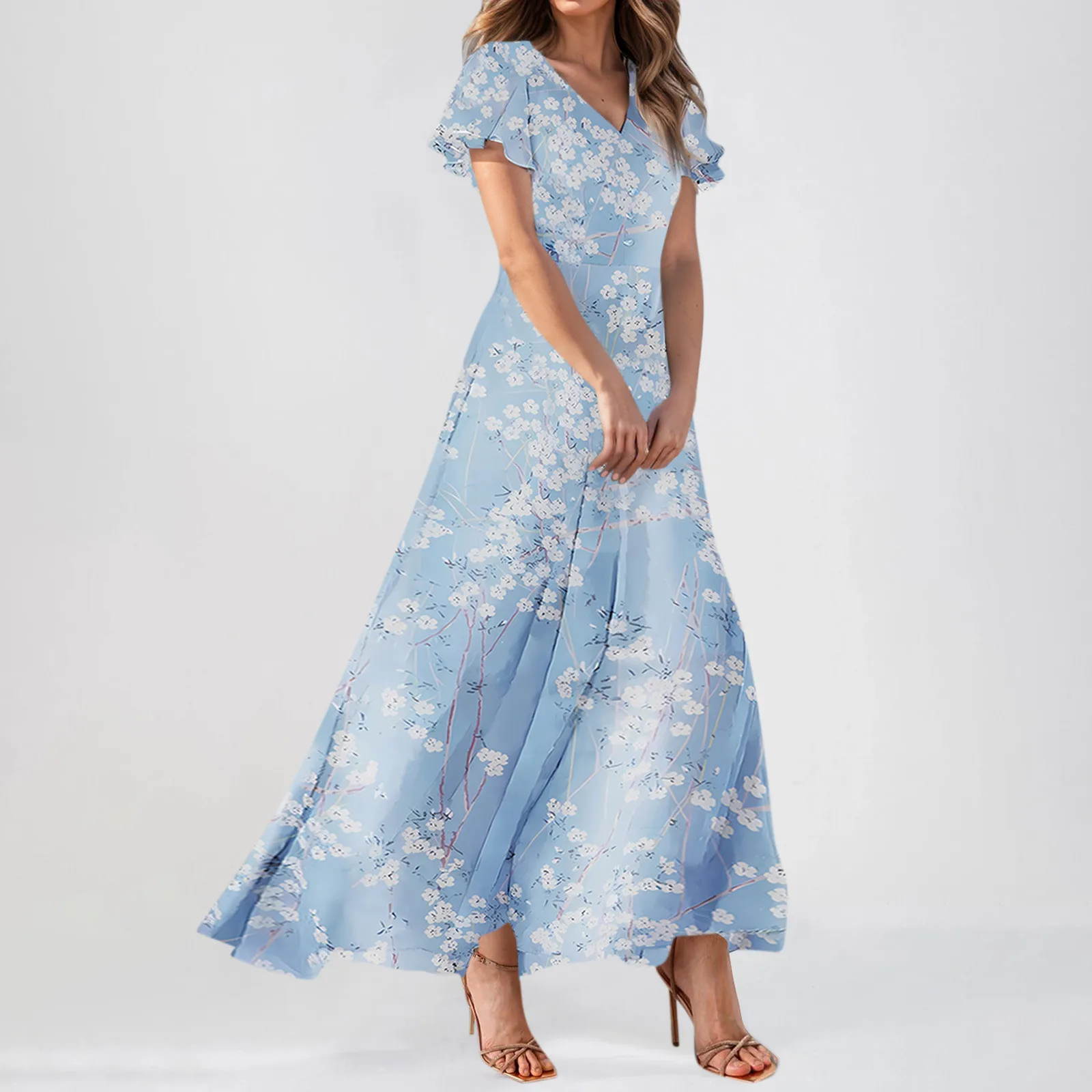 Dames Zomer Casual Korte Mouw V-Hals Elegante Maxi Jurk Met Bloemenprint Bruiloft Gast Chiffon Vloeiende Vakantie Strandjurken