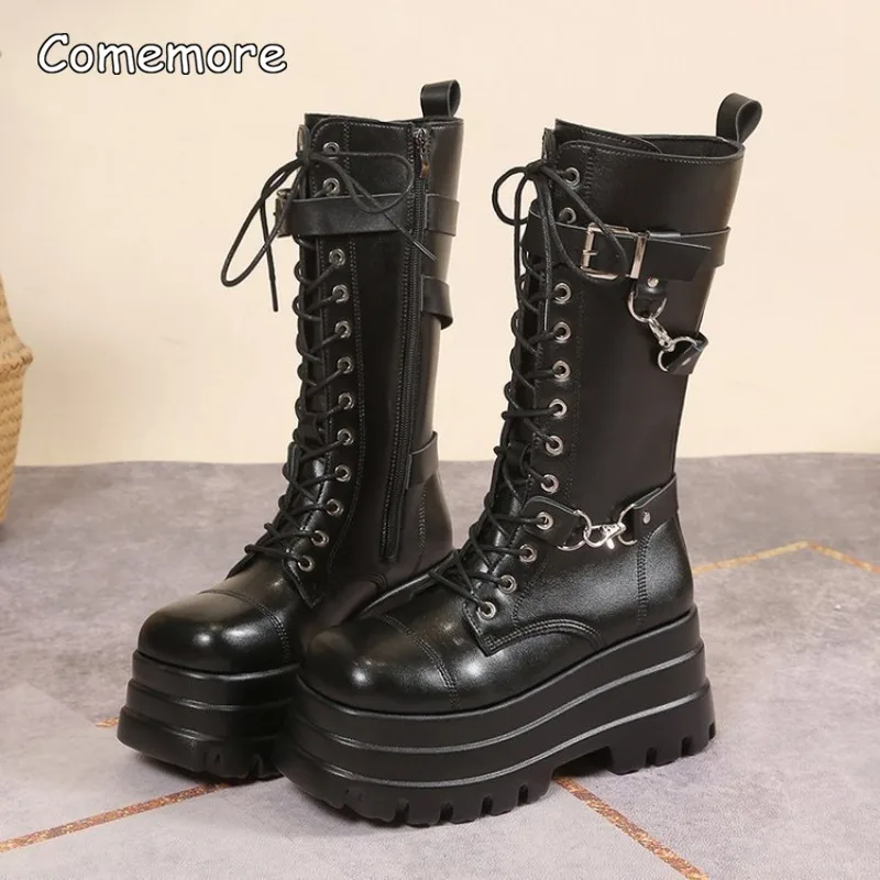 Botas de moto con plataforma de fondo grueso, Botas a media pantorrilla de estilo Punk negro para mujer, calzado gótico de tacón grueso para mujer, Botas Altas