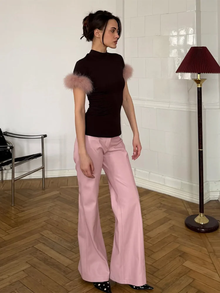 

Faux Fur Trim Mock Neck Women's T-shirts Solid Color Fashion Elegant Fitted Short Sleeve Top Lady Date Night Tops 2026 Summer