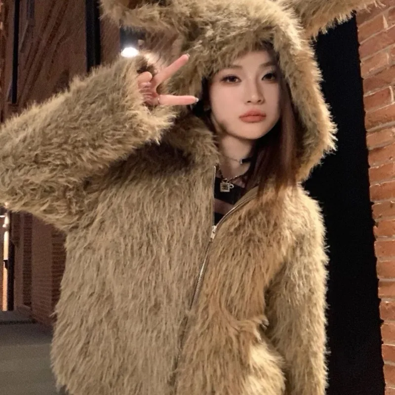 귀여운 토끼 귀 모피 짧은 후드 자켓 여성 겨울 다목적 지퍼 느슨한 두꺼운 게으른 스타일 캐주얼 코트 여성 의류