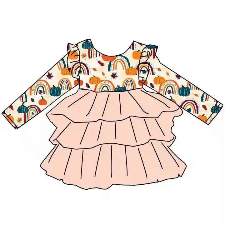 

Hot selling children's girls leopard print rainbow print 3-layer mesh skirt lace long sleeve dress for toddlers wholesale