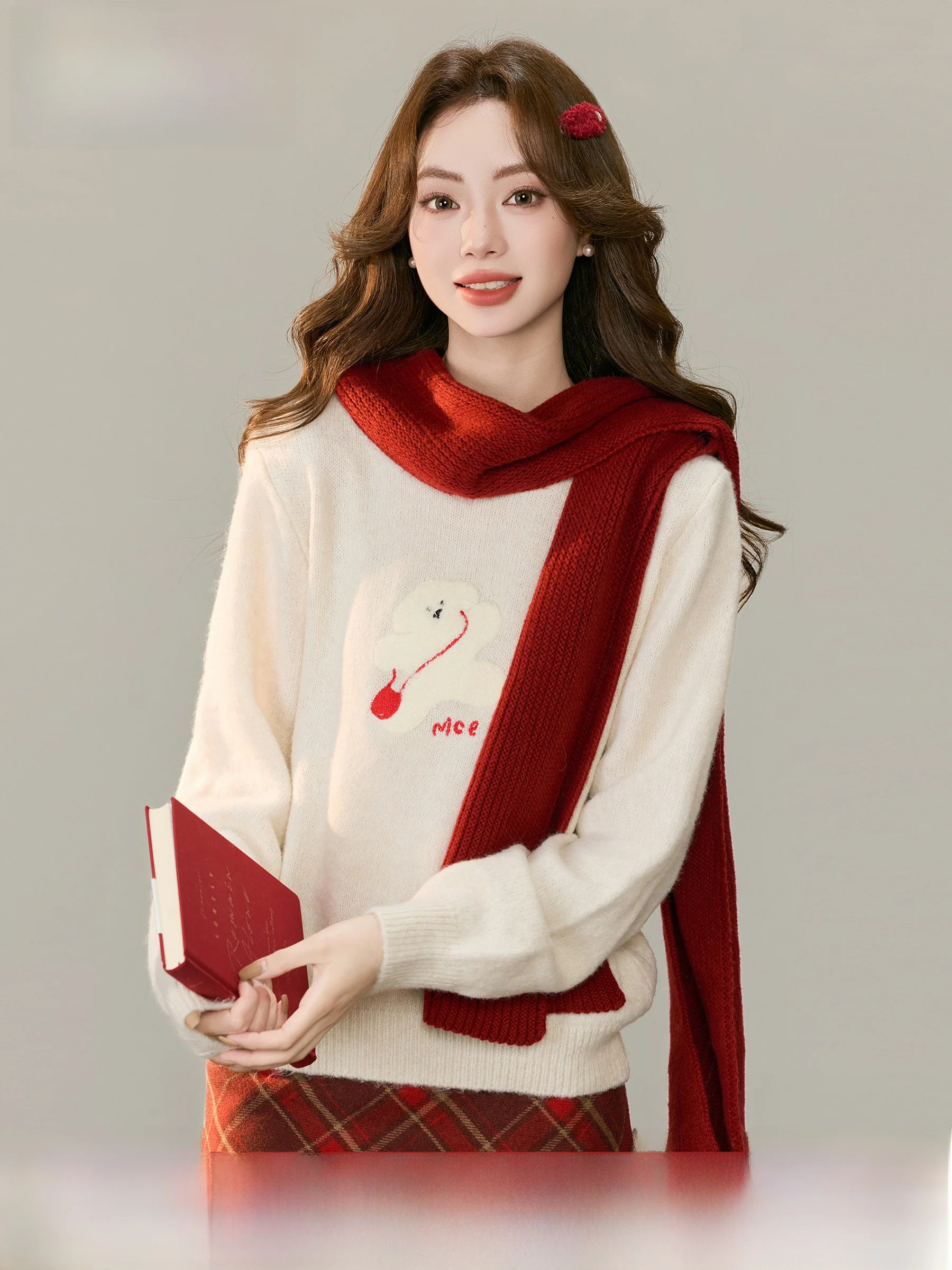 

Теплый вязаный свитер с красной лилией и медведем для женщин, осенне-зимний, новогодний, маленький размер, вязаный топ-пуловер для девочек