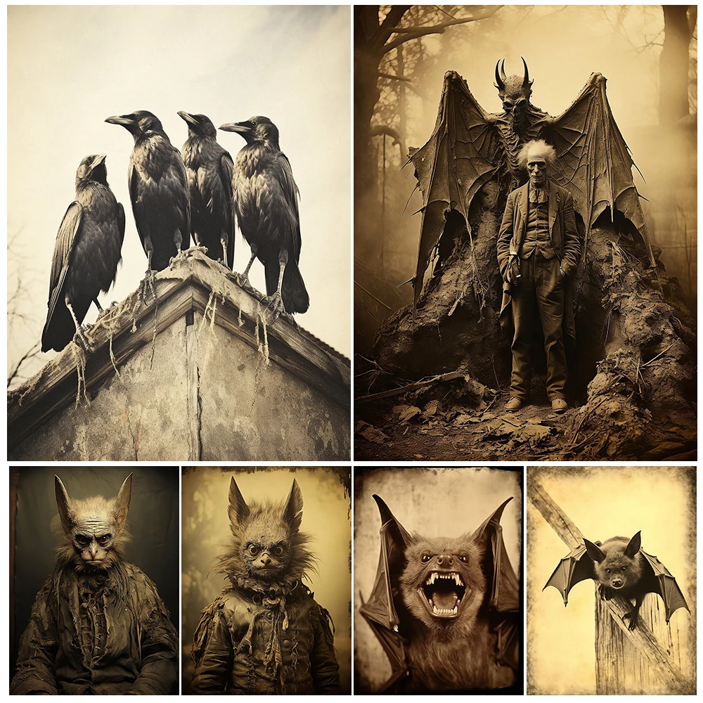 

Scary Bat And Black Crows Vintage Wall Art Canvas Painting Creepy Werewolf And Monster Abstract Art Poster Print Home Decoration