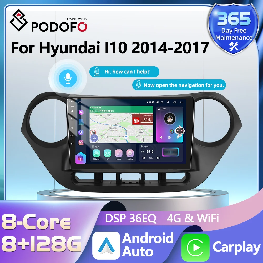 Podofo AutoRadio 2Din Android Radio Carplay For Hyundai I10 2014-2017  AI Voice 4G GPS Car Multimedia Video Player Stereo 2din