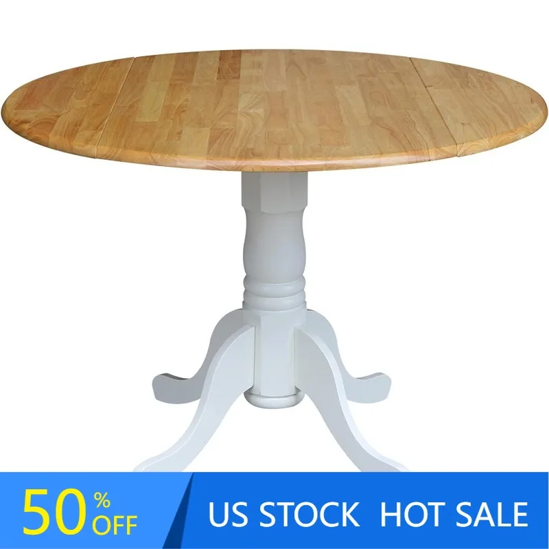 International Concepts 42-Inch Round Dual Drop Leaf Ped Table, White/Natural