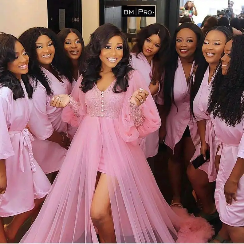 

Hot Pink Tulle Bridal Robe Sleepwear Long Sleeve Lingerie Wedding Evening Bathrobe Nightwear Custom Made Robe Gowns