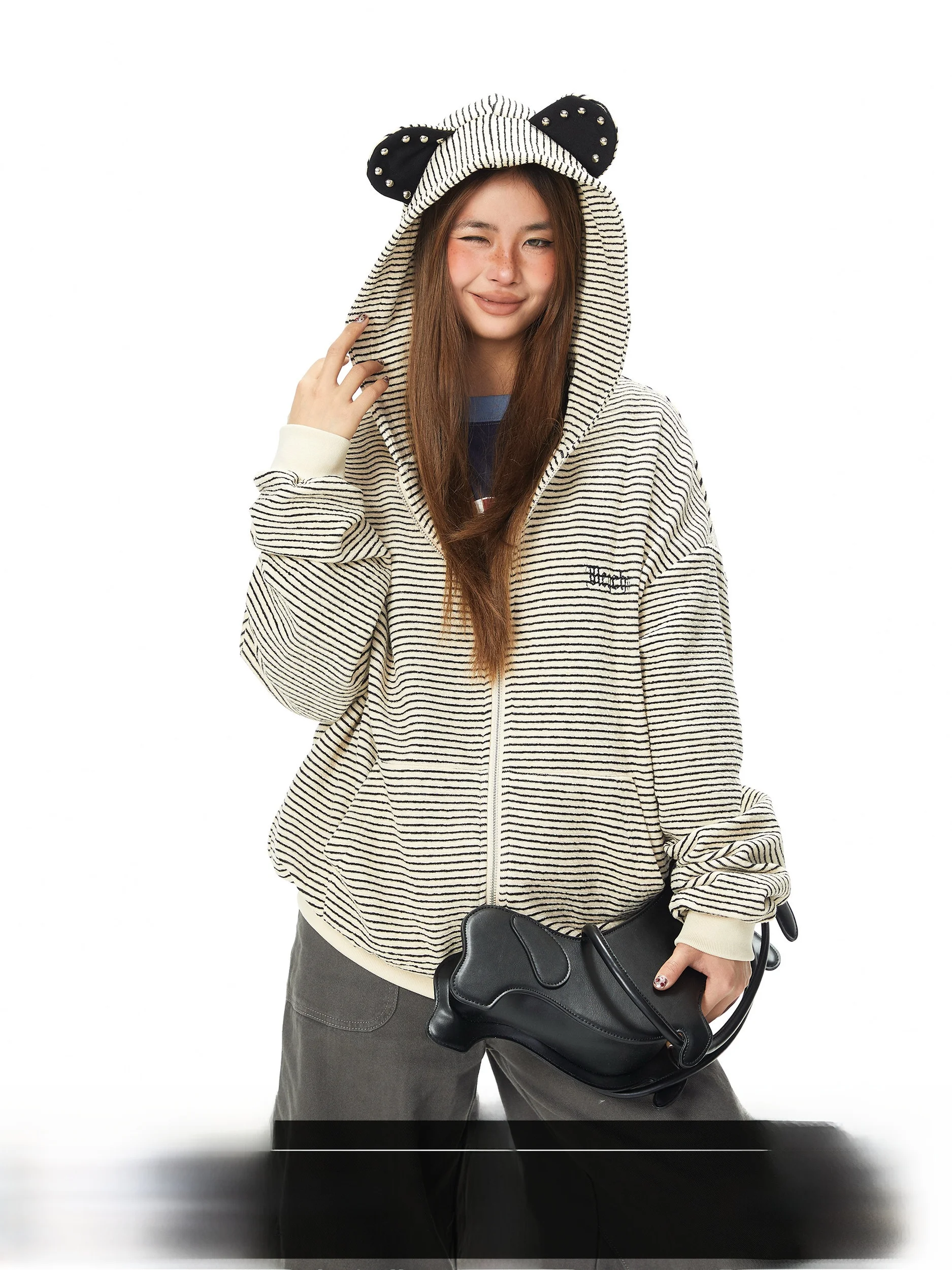 

Blackbb Spring New Loose Women's Hoodie Cardigan Bear Ear Striped Embroidery Lazy Style Cotton Polyester Blend Long Sleeve