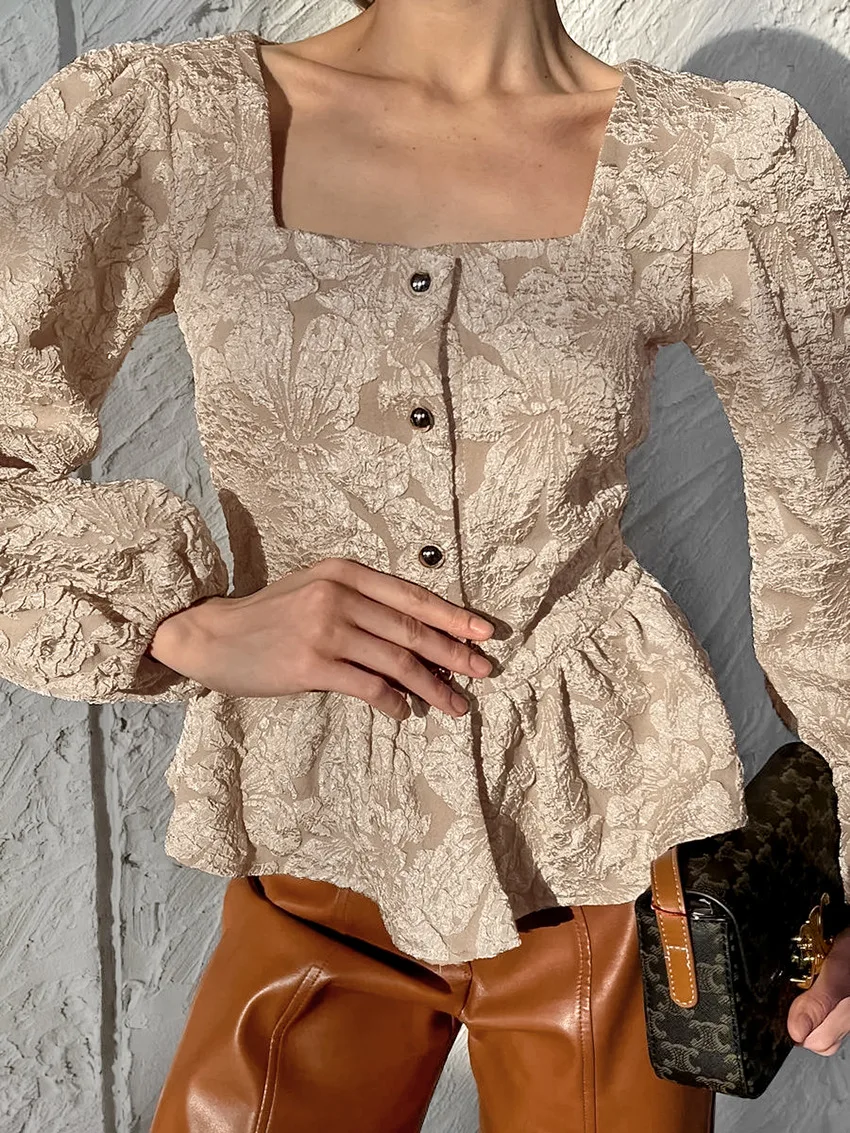 Ladies Elegant Jacquard Square Neck Puff Sleeve Blouse, Button Front Peplum Top for Party, Office and Daily Wear view 6