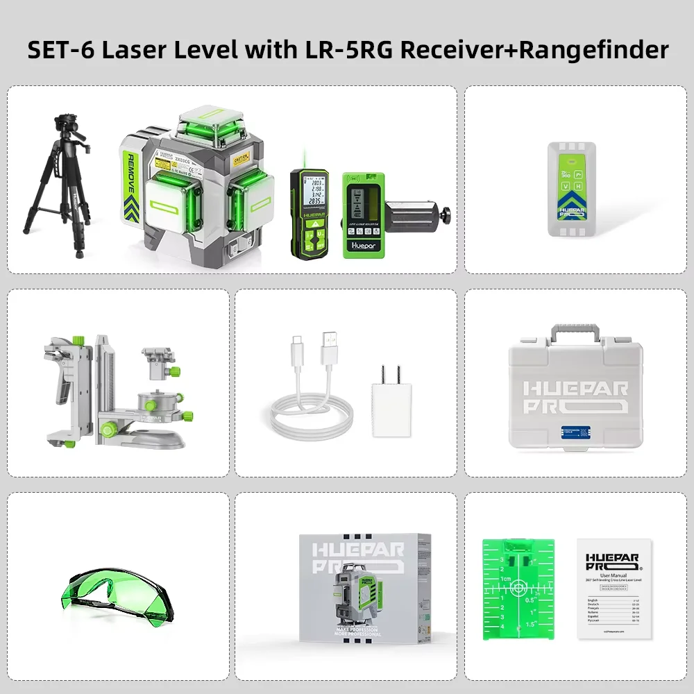 Huepar Professionele 3D 12-lijns laserwaterpas ±2mm Hoge Nauwkeurigheid 3 x 360° ° Groene kruislijnlaser met 8000mAh Li-ion batterij