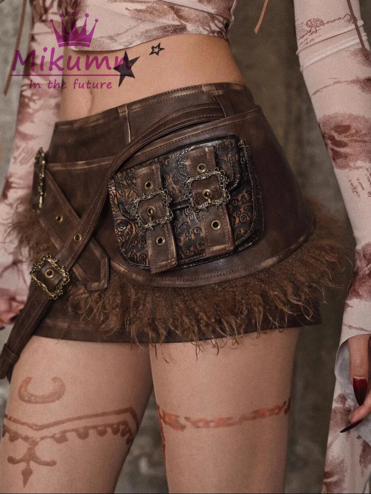 Original Vintage Steampunk PU Leather Short Skirt Gothic Grunge Brown Sexy Low Waist Mini Skirts With Belt Bag Streetwear