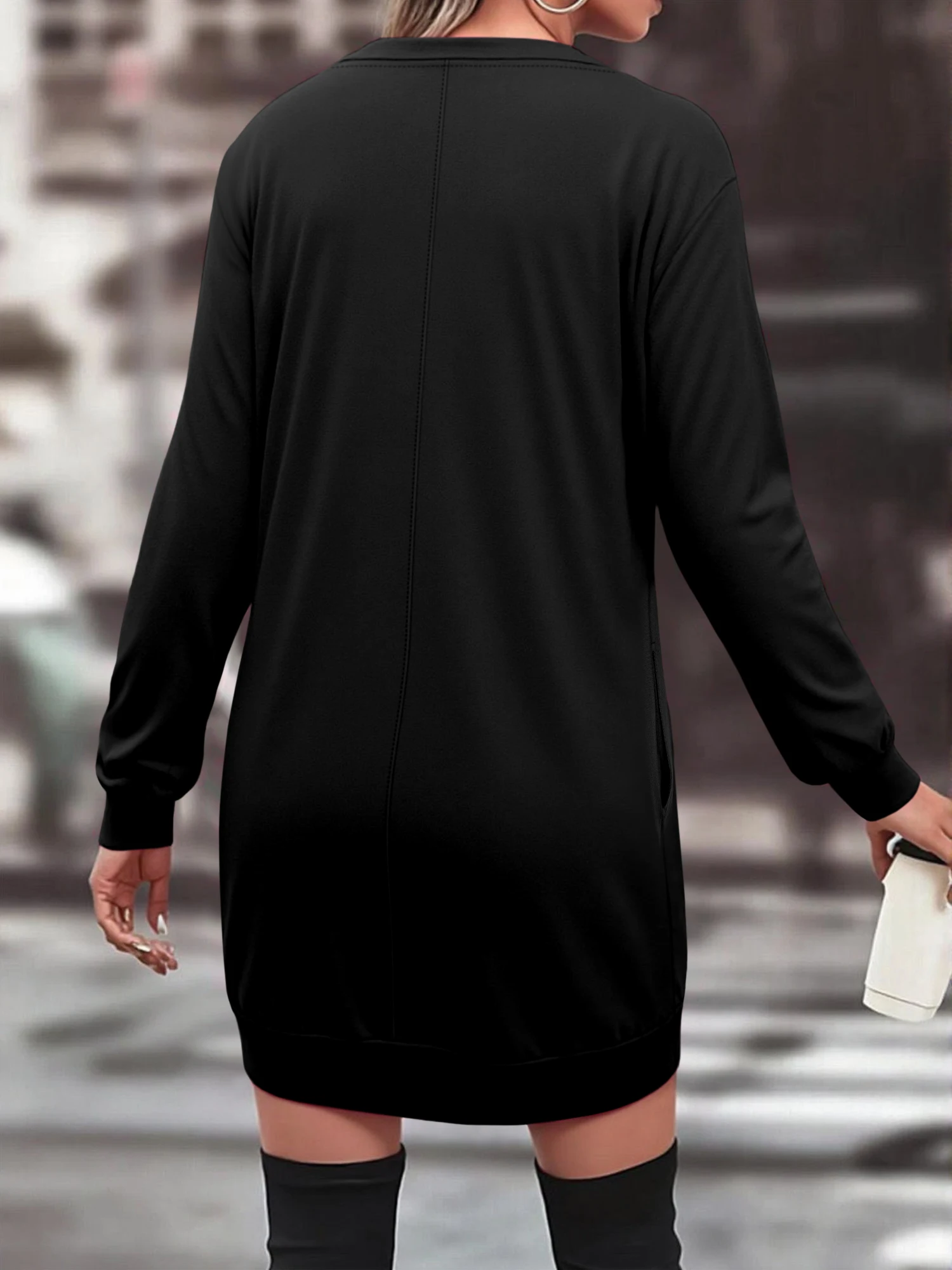 Capsule Wardrobe Staple Long‑Sleeve Tunic Dress, Relax‑Fit Pocket‑Accent Sweater for Jacket‑Matching Combinations
