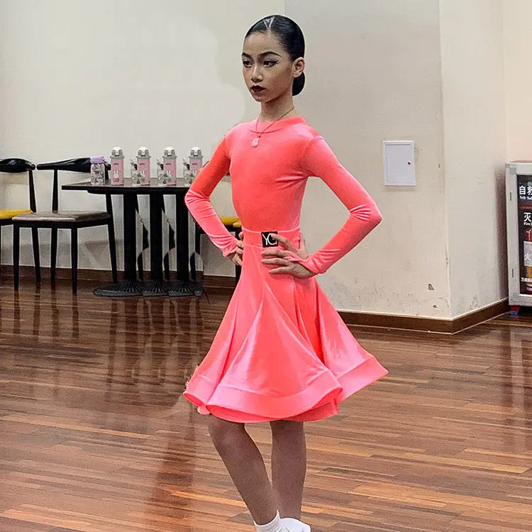 Children's Latin Dance Regulations Competition Clothes Autumn Winter Velvet Girls Long Sleeve Test Clothes