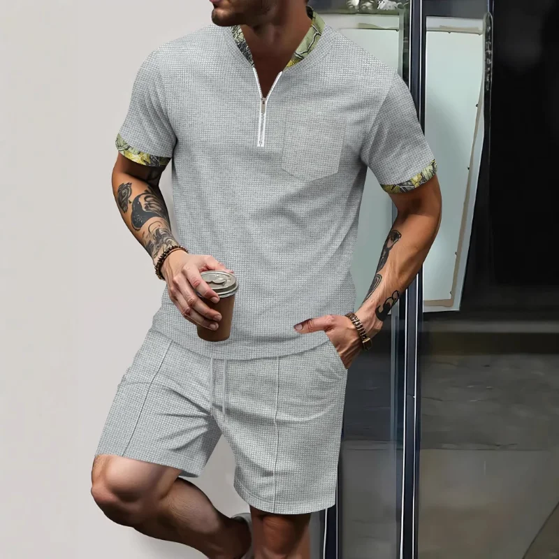 Summer New Waffle Zipper Stand Collar Color-blocked Short-sleeved Shorts Men's Casual Outdoor Suit