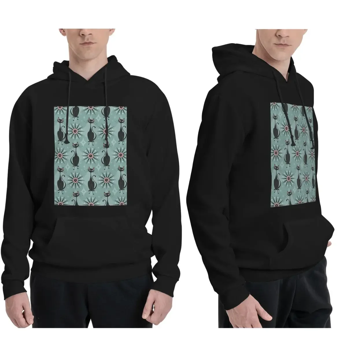 Mid Century Cats And Clocks Hoodies Men's Women Casual Pullover Sweatshirt Hip Hop Long Sleeve Streetwear Autumn Winter