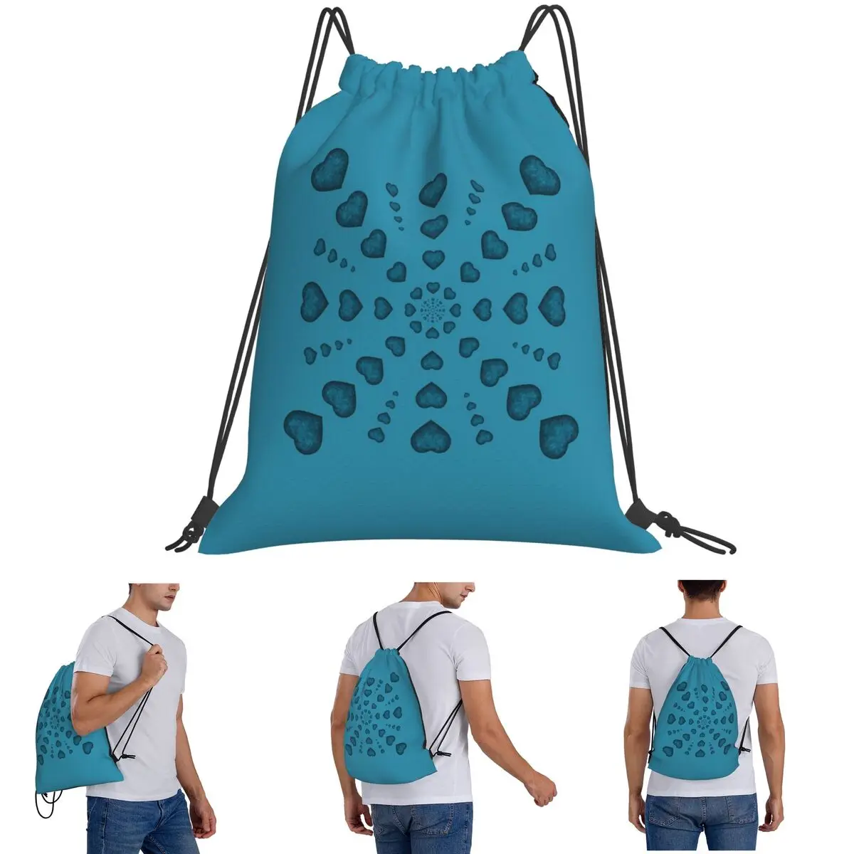 

Square Pattern Of Turquoise Hearts Backpacks Multi-function Drawstring Bundle Pocket Storage Bag Book Bags for Man Woman School