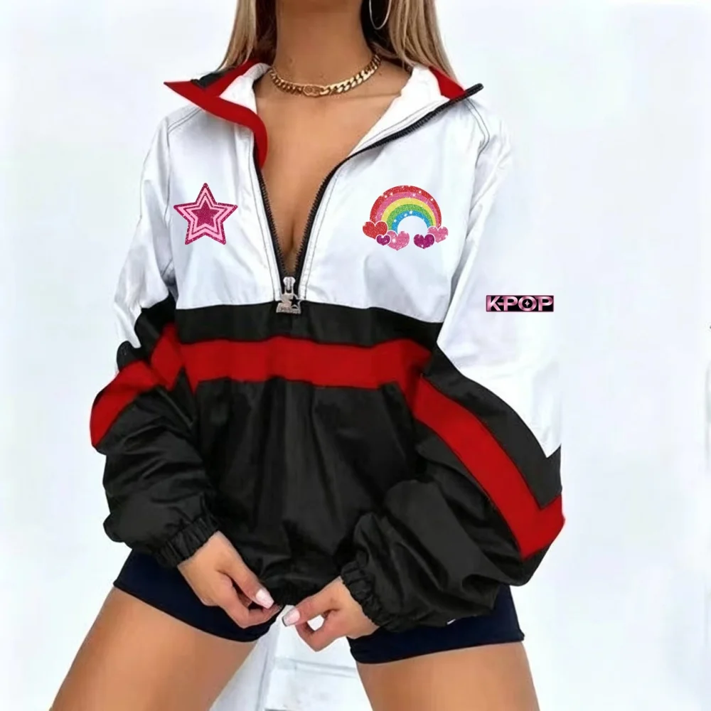 American retro rainbow star half zip jacket, spicy girl loose windproof jacket