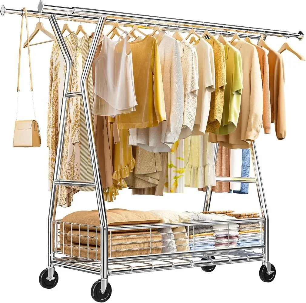 

Clothes Rack Heavy Duty Rolling Clothing Rack with Wheels Load 600LBS Double Rod Clothing Racks