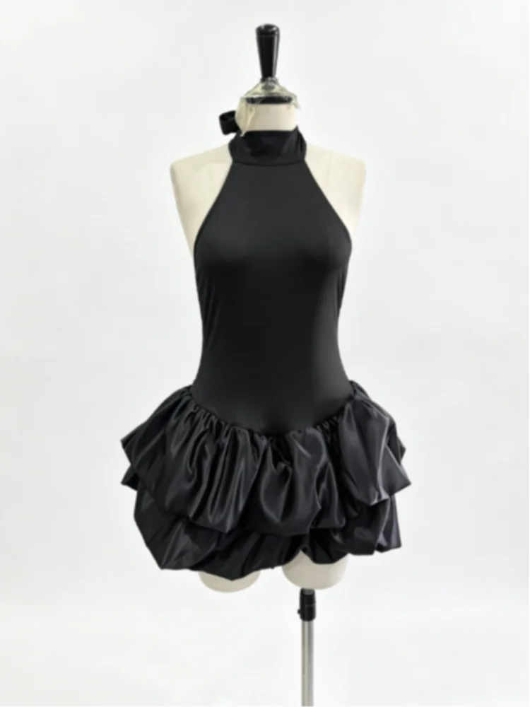 

Elegant Solid Color Halter Neck Bubble Mini Dress Chic Sleeveless High Neck Ruffle Skirt Cocktail Dresses New Trendy Vestidos