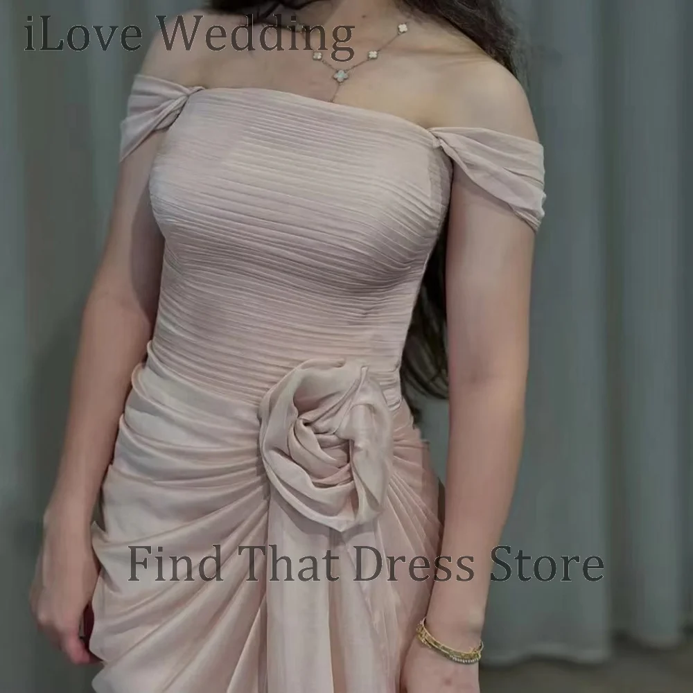 العرف قبالة الكتف الشيفون مطوي الزهور مساء حزب اللباس عارية الذراعين غمد الطابق طول فستان الزفاف حفلة موسيقية الزهور